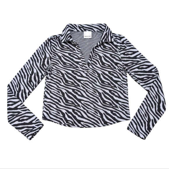 Industry Zebra Print Long Sleeve Collared Semi Crop Top Women's Small - Picture 1 of 7